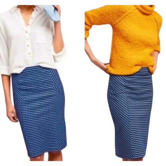 Anthropologie Maeve Midi Stretch Knee Length Pencil Skirt Blue Black Size Small - Picture 2 of 8